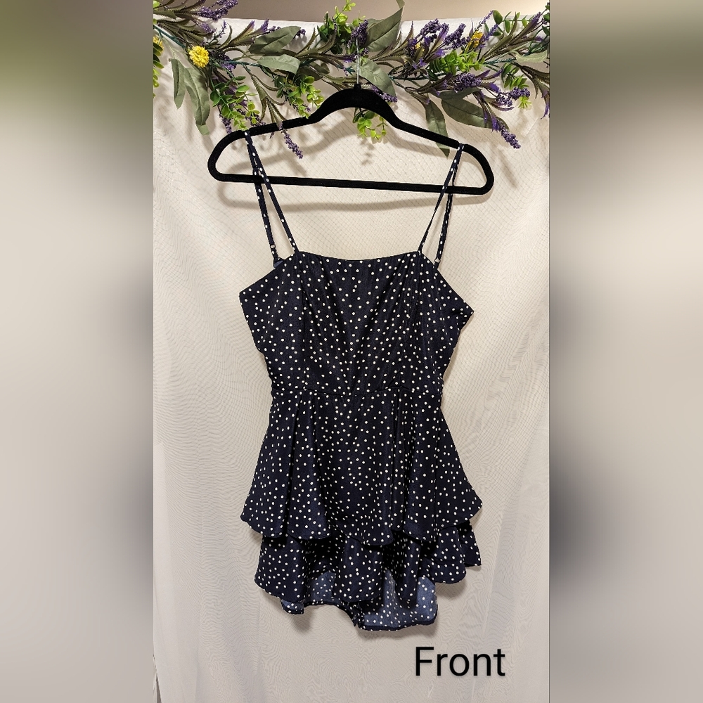Open Back Tied Ruffle Romper, Navy Blue Poka Dot